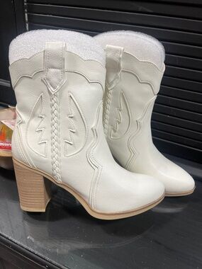Altar'd State White Western Braided Block Heel Ankle Boots